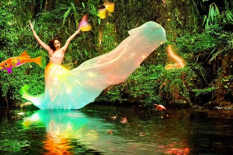 Image similar to ethereal glowing goddess dancing on a pond in the jungle surrounded by colorful glowing flying fish at night cinematic by Ridley Scott