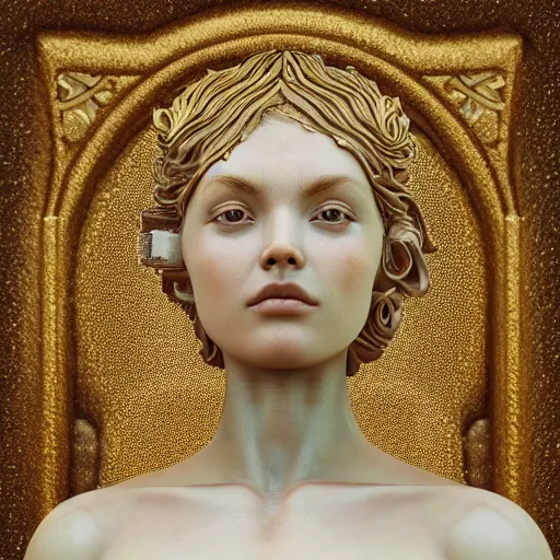 Prompt: Ultra detailed 3d render Macro of a marble statue, beautiful woman face, symmetrical composition, intricate thin details in gold, By James Jean and Tom Bagshaw and Victo Ngai and Craig Mullins, fantasy flowers and leaves, octane render, 8k, high quality, volumetric lighting, color grading