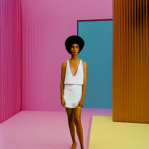 Image similar to realistic photoshooting for a new balenciaga lookbook, color film photography, portrait of a beautiful woman, location in a set design by james turrell, in style of Tyler Mitchell, 35mm,