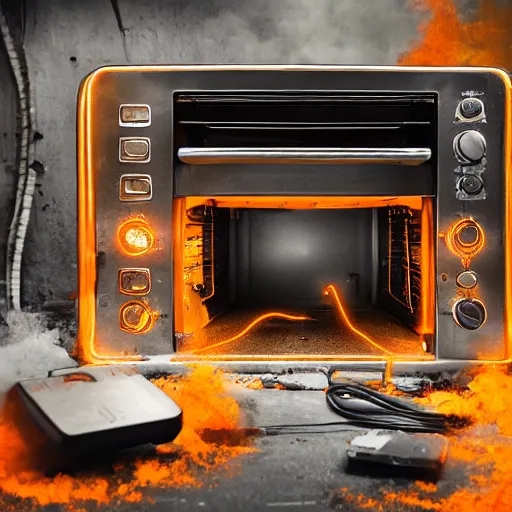 Image similar to overcharging toaster oven, tangles of metallic cables, dark messy smoke - filled cluttered workshop, dark, dramatic lighting, orange tint, sparks, plasma charges, cinematic, highly detailed, sci - fi, futuristic, movie still