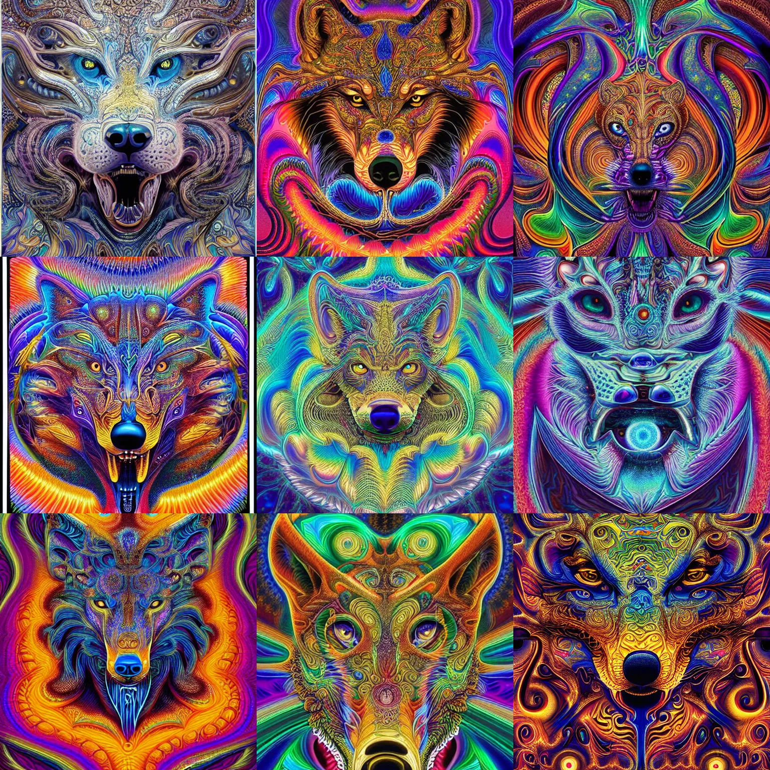 Prompt: a intricate ornate psychedelic image of a wolf head opening into a fractal universe, digital art by alex grey and dan mumford and felix kelly, psychedelic art, psychedelic, fractalism, fractals, artstation, ultra fine detailed, art, hyper realism, hyper detailed, cgsociety, ue 5, hd, 3 d