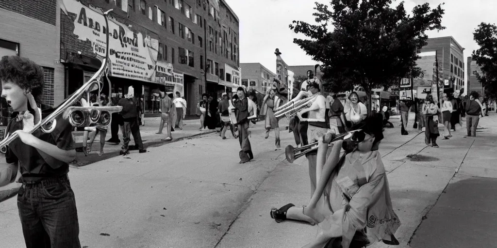 Prompt: a fiery redhead teen plays the trombone in the streets of a kansas city in 1990