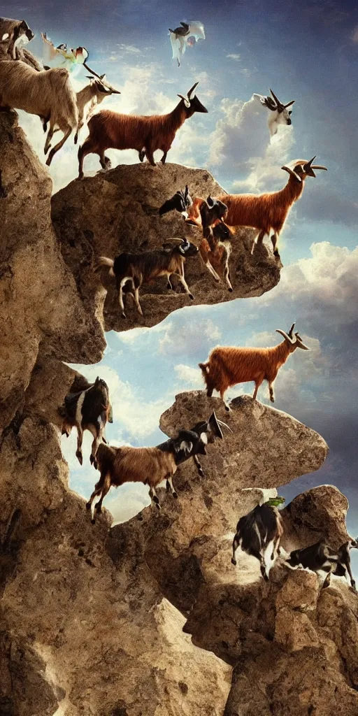 Prompt: a pack of goats climbing a citadel in the sky, beautiful, highly detailed