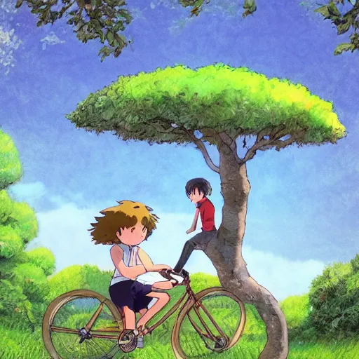 Prompt: two kids sitting in a tree branch, a bicicle near the tree, ghibli style