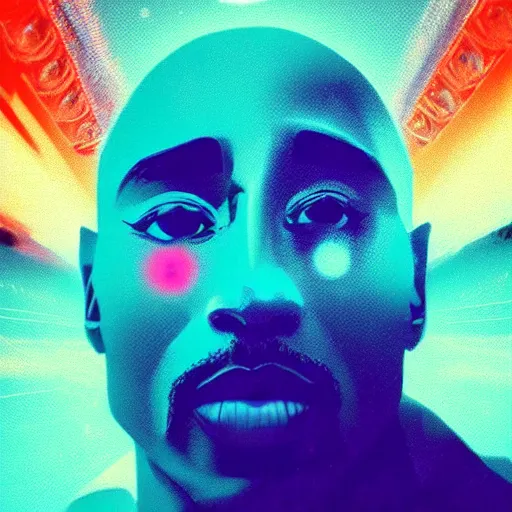 Image similar to giant tupac head shooting lasers from eyes, floating in space, by beeple, art station, perfect lightning, detailed
