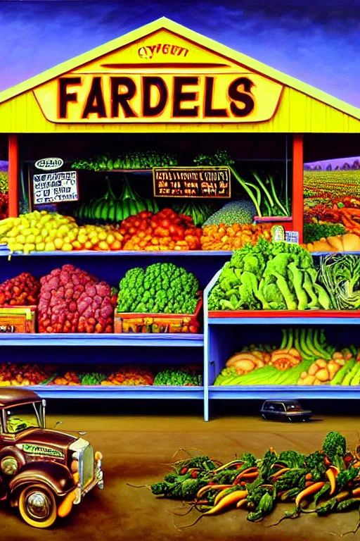 Image similar to a hyperrealistic painting of a roadside vegetable stand ran by mutant farmers. cinematic horror by jimmy alonzo, the art of skinner, chris cunningham, lisa frank, richard corben, highly detailed, vivid color,