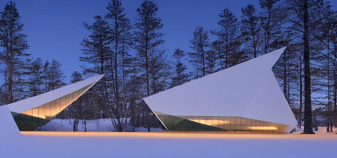 Prompt: faceted roof planes lift and descend creating shade and architectural expression, highly detailed, situated in snow, next to a highly reflective lake, at dusk, vivid color