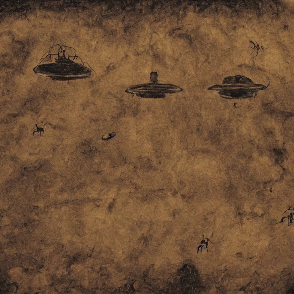 Image similar to cave painting of a ufo encounter, incredible photograph, detailed, historical photography