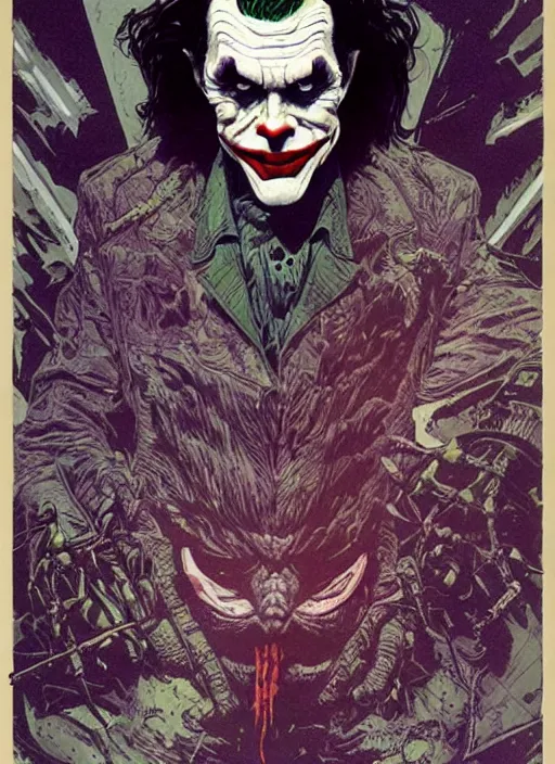 Image similar to willem dafoe as the joker, grotesque, horror, high details, intricate details, by vincent di fate, artgerm julie bell beeple, 1 9 8 0 s, inking, vintage 8 0 s print, screen print