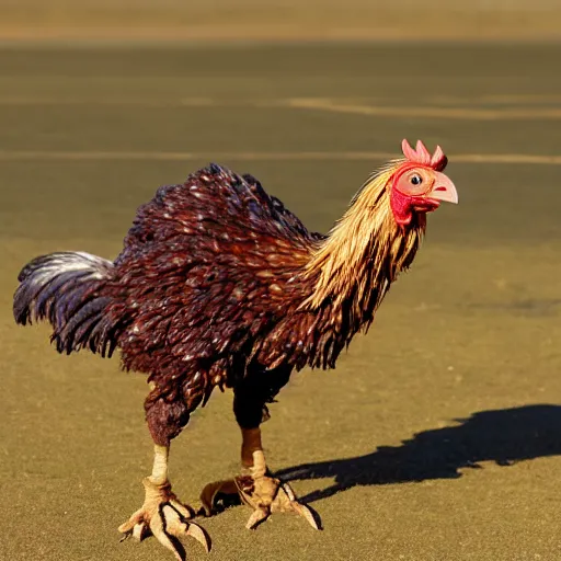 Image similar to a giant, brown war chicken with glowing red eyes and sharp claws