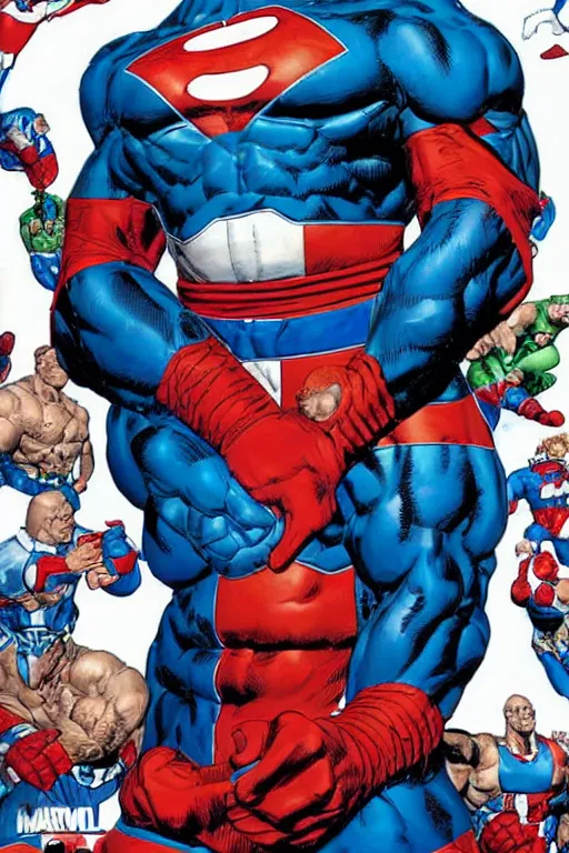 Prompt: upper body and head portrait of massive hulking martyn ford as marvel comic's captain britain wearing a costume by rick berry, norman rockwell, jason fabok. jack kirby, tom lovell