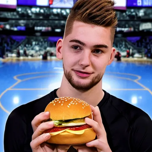 Image similar to 4k very detailed 3D model of Luka Doncic eating a cheeseburger,