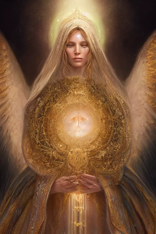 Image similar to A beautiful digital painting of a female Seraphim, intricate jewels, princess, the sun behind her, intricate, cinematic lighting, highly detailed, digital painting, Artstation, concept art, smooth, sharp focus, illustration, art by Tom Bagshaw, Artgerm and Greg Rutkowski