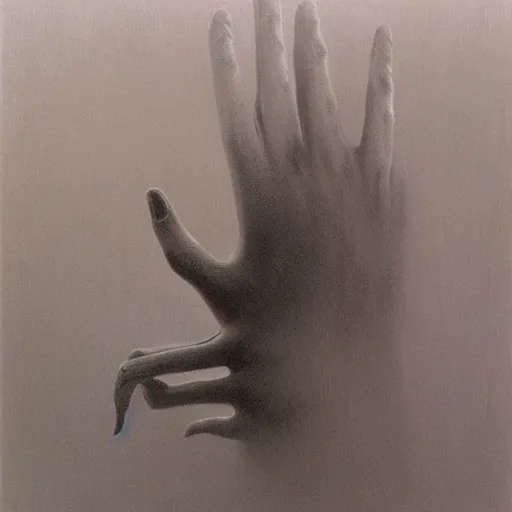 Image similar to hand with long fingers reaching out of thick fog, zdzislaw beksinski