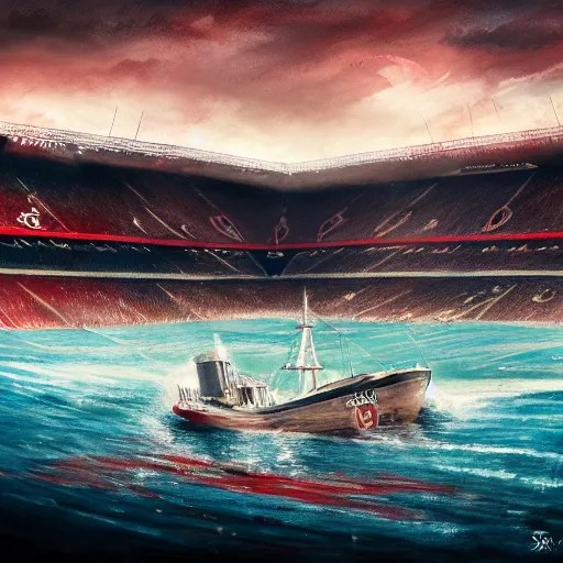 Image similar to a beautiful illustration of a sinking ship that is old trafford, trending on artstation, sharp focus, 8 k 4 k
