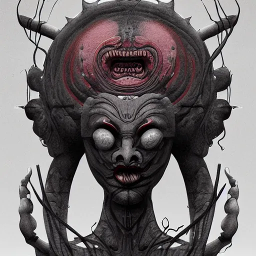 Image similar to naraka buddhist demon korean, happy female alien, tubular creature, blood vessels, no face, dystopian surrealism, alex ries zdzisław beksinski, symmetrical long head, smooth marble surfaces, smooth marble surfaces, detailed ink illustration, detailed ink illustration, raiden metal gear, cinematic smooth stone, deep aesthetic, concept art, intricate