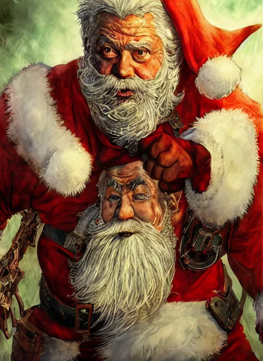 Image similar to portrait, Santa Clause fighting zombies, watercolor, dramatic lighting, cinematic, establishing shot, extremly high detail, foto realistic, cinematic lighting, pen and ink, intricate line drawings, by Yoshitaka Amano, Ruan Jia, Kentaro Miura, Artgerm, post processed, concept art, artstation, matte painting, style by eddie mendoza, raphael lacoste, alex ross