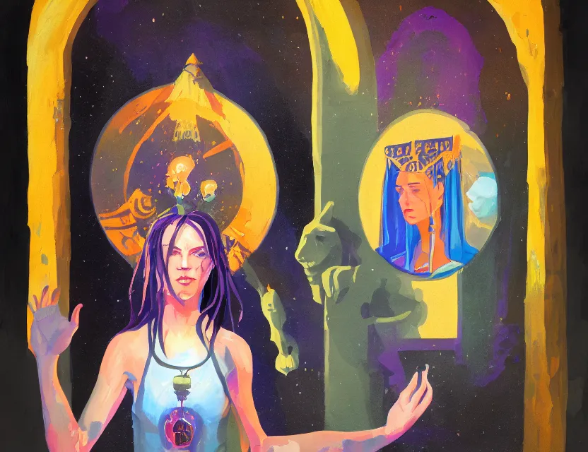 Image similar to priestess of embarrasment. gouache painting by indie concept artist, chiaroscuro, bokeh, backlighting, field of depth, safe for work