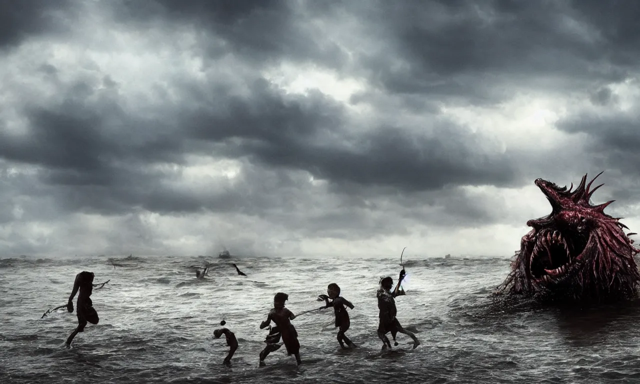 Prompt: a gigantic monster that looks like an angler-fish with wet and slimy legs with a very large mouth, has many children like him attached to his body, is coming out of the sea on a beach, there are people fleeing in terror, photo-realistic, stormy sky, photo by national geographic