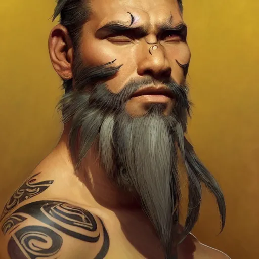 Prompt: a warrior man with gray skin, tribal tattoos, an undercut ponytail, and full beard, highly detailed, digital painting, artstation, concept art, smooth, sharp focus, illustration, art by artgerm and greg rutkowski and alphonse mucha