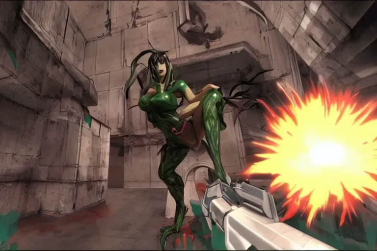 Image similar to an anime girl in a screenshot of the video game doom, the anime girl is crouching