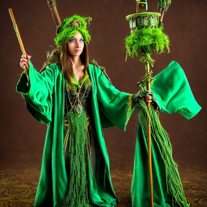 Image similar to photograph of a real-life beautiful earth witch with ornate green robes and staff. Extremely detailed. 8k