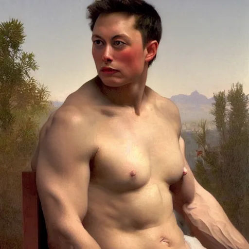 Prompt: Painting of muscular Elon Musk. Art by william adolphe bouguereau. During golden hour. Extremely detailed. Beautiful. 4K. Award winning.