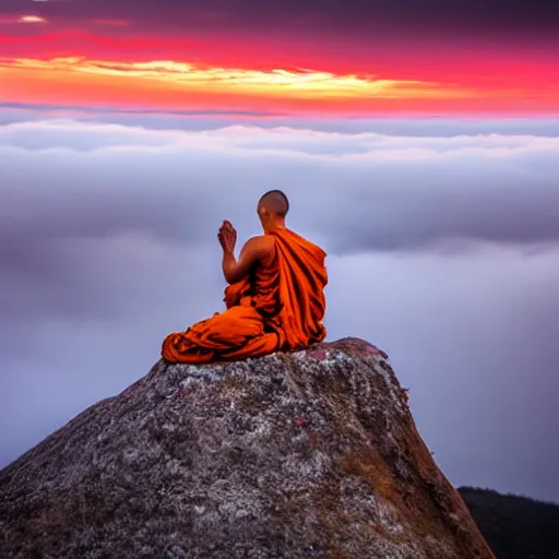 Image similar to a monk training on top of a mountain, fog, Midjourney AI style, sunset, beautiful, artsty