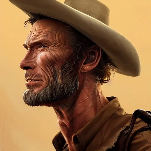 Prompt: rugged male cowboy, clint eastwood, headshot, D&D, painted fantasy character portrait, highly detailed, digital painting, artstation, concept art, sharp focus, illustration, art by artgerm and greg rutkowski and alphonse mucha