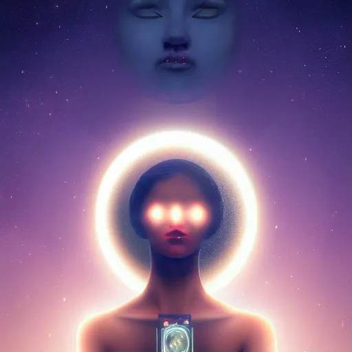 Prompt: woman grasping the moon, closeup!, digital art, tarot card, symmetrical portrait!!, trending on cgsociety, contest winner, digital art, intricate, by beeple, artgerm, rutkowski, mumford, bussiere, villeneuve, symmetry!!