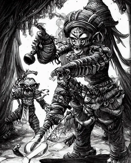 Image similar to A goblin merchant selling treasuries and potions, high detailed store, black and white, fantasy art, goblin art, in the style of masami kurumada, illustration, epic, fantasy, intricate, hyper detailed, artstation, concept art, smooth, sharp focus, ray tracing