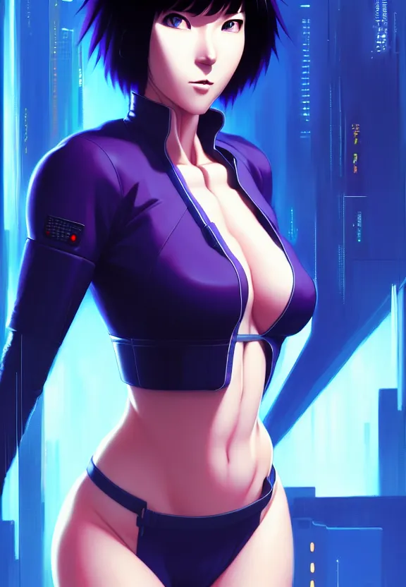 Image similar to a fullbody portrait of motoko kusanagi the major ghost in the shell : : connected to cables, under repairs, maintenance area, technicians : : by ilya kuvshinov, rossdraws, artgerm, sola digital arts, anti aliasing, raytracing : :