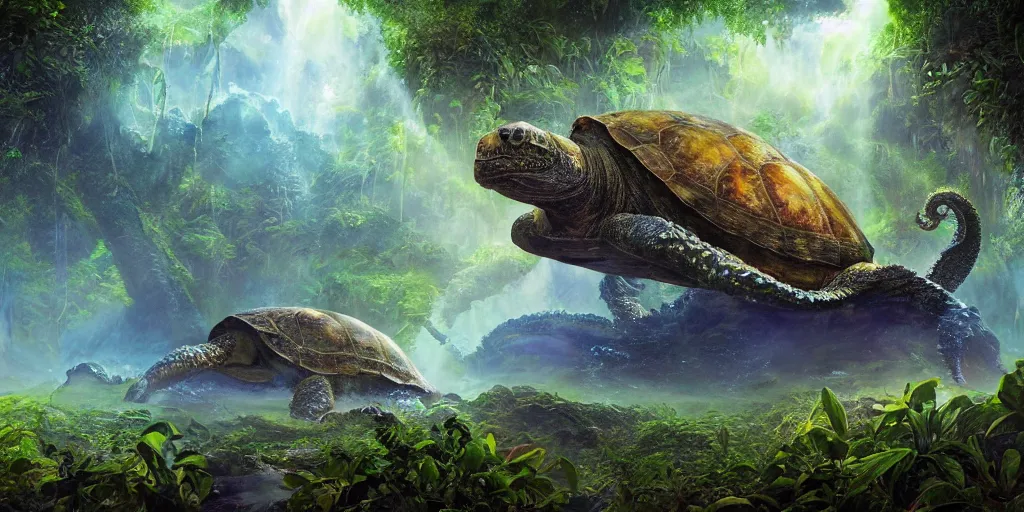 Image similar to fantasy oil painting, alien spacecraft, outer worlds, great leviathan, turtle cephalopod terrapin reptilian pachyderm amphibian hybrid, rainforest mountains, lush plants flowers, epic natural light, bright clouds, luminous sky, bright cinematic key lighting, michael cheval, michael whelan, vray, 8 k hd