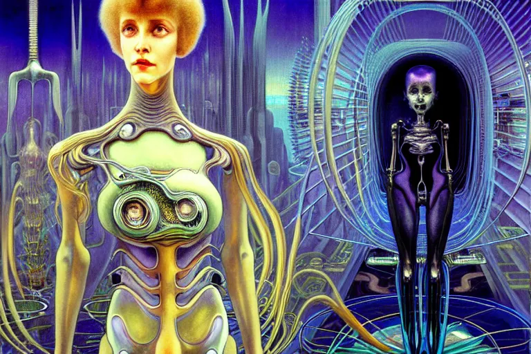 Prompt: realistic extremely detailed portrait closeup painting of a ghost woman with supercomputer robot, futuristic sci-fi city on background by Jean Delville, Amano, Yves Tanguy, Alphonse Mucha, Ernst Haeckel, Edward Robert Hughes, Roger Dean, rich moody colours, blue eyes