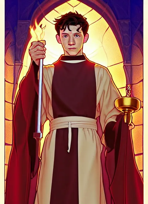 Image similar to tom holland as a priest wearing robes. holding golden candlestick, in a monestry natural lighting, path traced, highly detailed, high quality, digital painting, by don bluth and ross tran and studio ghibli and alphonse mucha, artgerm