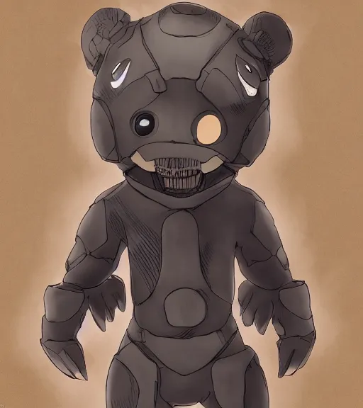 Image similar to attractive little boy wearing an cyborg bear suit, artwork in kentaro miura and made in abyss and inazuma eleven, smooth, beautiful lightness, anatomically correct, trending on pixiv, perfect composition