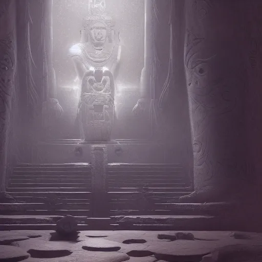 Prompt: ancient toltec carvings formed in the second attention by dreamers and empowered by inorganic beings reveal secrets of human perception in high contrast cinematic light, mystical shadows, sharp focus, divine realm of gods, octane render, artist by greg rutkowski