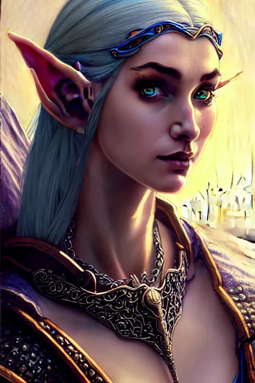 Image similar to alluring highly detailed matte close-up portrait of beautiful elf Shani (from Witcher 3) wearing chesty chainmail bikini and a blue cloak, very detailed, realistic, manga, pen and ink, by Stanley Artgerm Lau, greg rutkowski, thomas kindkade, alphonse mucha, loish, norman rockwell J.