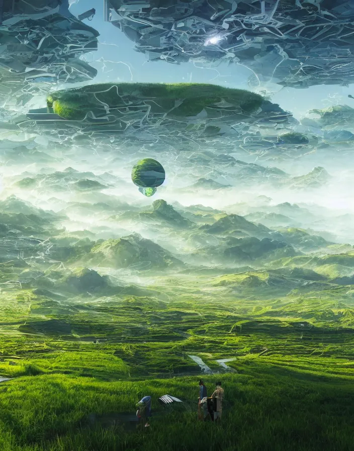 Prompt: solarpunk, green technology, optimist future by Asher Durand. green open fields, intricate artwork. by Tooth Wu, wlop, beeple, dan mumford. octane render, trending on artstation, greg rutkowski very coherent symmetrical artwork. cinematic, hyper realism, high detail, octane render, 8k, iridescent accents