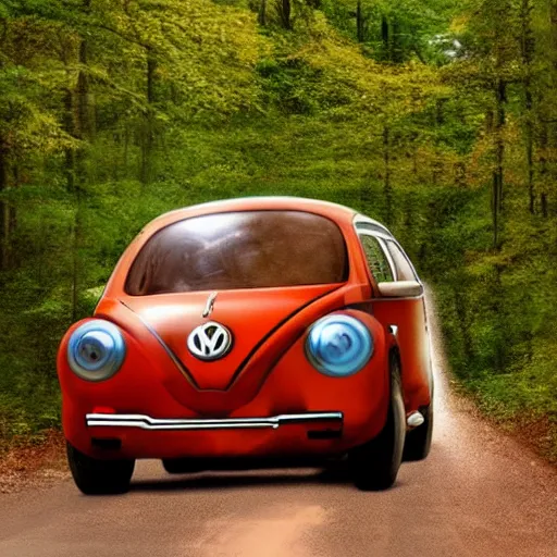 Image similar to promotional scifi - mystery movie scene of a giant - sized ladybug that is a hybrid with a ( volkswagen beatle ) hybrid, flying down a dusty back - road in smokey mountains tennessee. cinematic, muted dramtic color, 4 k, imax, 7 0 mm, hdr