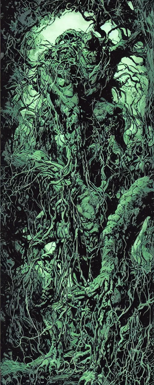 Image similar to swamp thing in a stoic brooding pose, forward angle, dramatic night lighting, by bernie wrightston, mike mignola and bill sienkiewicz, monstrous faces blended in the background scenery, canopy of drippy trees