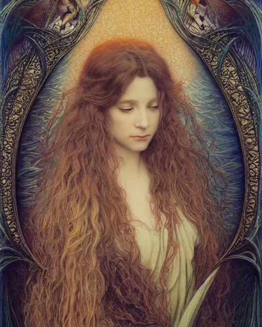 Image similar to matte painting portrait shot, beautiful mira sorvino, detailed and intricate by jean delville, gustave dore and marco mazzoni, art nouveau, symbolist, visionary, colourful, pre - raphaelite