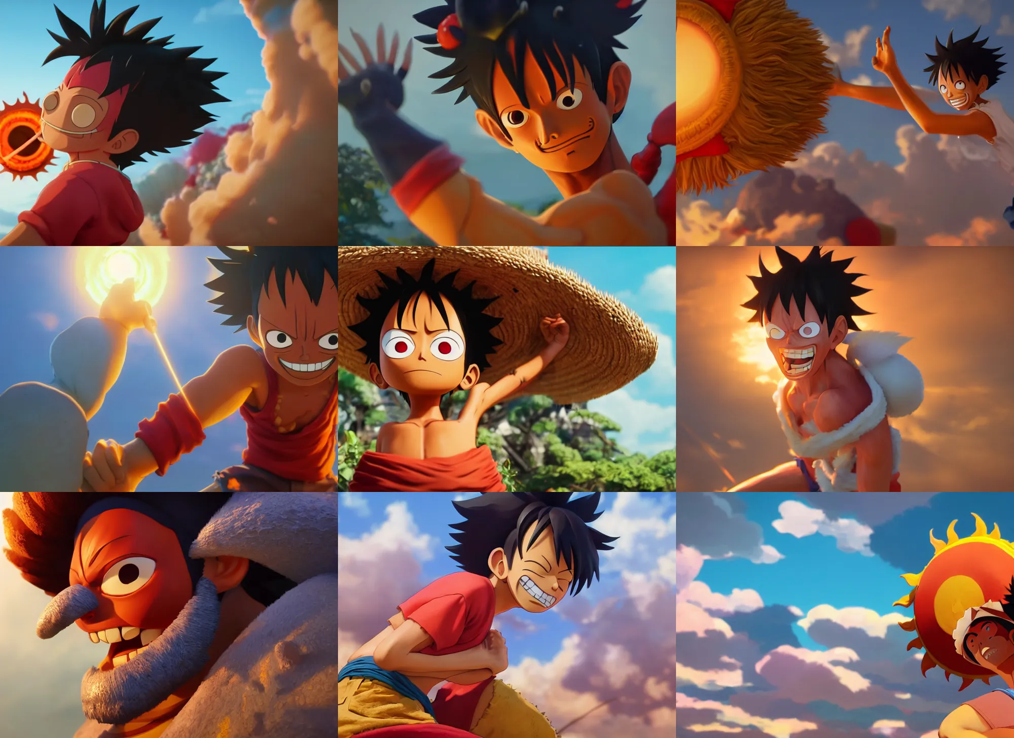 Prompt: Luffy sun god nika form, close up shot, studio Ghibli, Pixar and Disney animation, sharp, Rendered Unreal Engine 5, film key art, Greg Rutkowski, Bloom, dramatic lighting