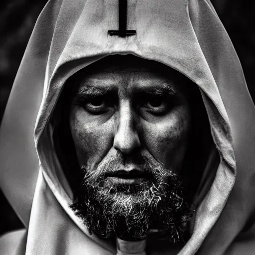 Image similar to stunning beautiful portrait photography of medieval sacred priest from national geographic award winning, dramatic lighting, taken with canon 5d mk4, sigma art lens, medium-shot