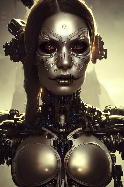 Prompt: ultra detailed beautiful female cyborg [ in tears ]!!!, scifi, fantasy, octane render, dia de los muertos!!, global illumination, intricate concept art, unreal engine, 8 k, art by artgerm and michael welan and dzo kuciara and greg rutkowski and alphonse mucha and loish and wlop