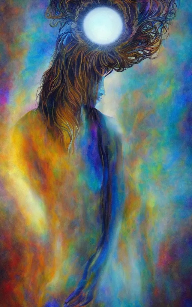 Image similar to iridescent spirit of desire and fear cruel beautiful spirit (androgynous) with golden eyes lunar mythos ambient fog, award winning oil painting, distinct color palette