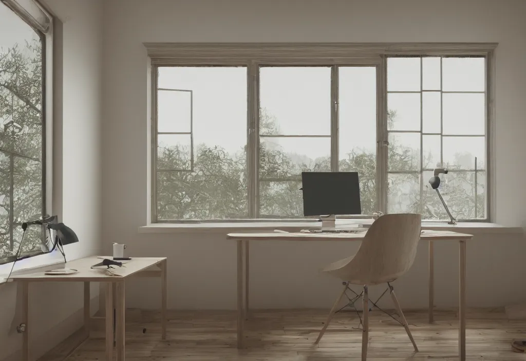 Prompt: kodak portra 4 0 0 photographic and realistic, a modern room large windows with a clean desk with a desktop computer, detailed, a professional writer sitting at the desk, octane render, unreal engine, 4 k, artstation, hyper realistic, wide angle, 3 5 mm, sharp focus, warm light, in the style of leonardo da vinci