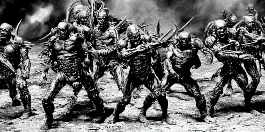Image similar to film still, soldiers fighting monsters, from alien 2 ( 1 9 8 6 )