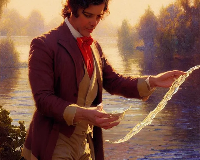 Prompt: attractive magician man, casting water magic, making waves rise from a beautiful lake. highly detailed painting by gaston bussiere, craig mullins, j. c. leyendecker 8 k