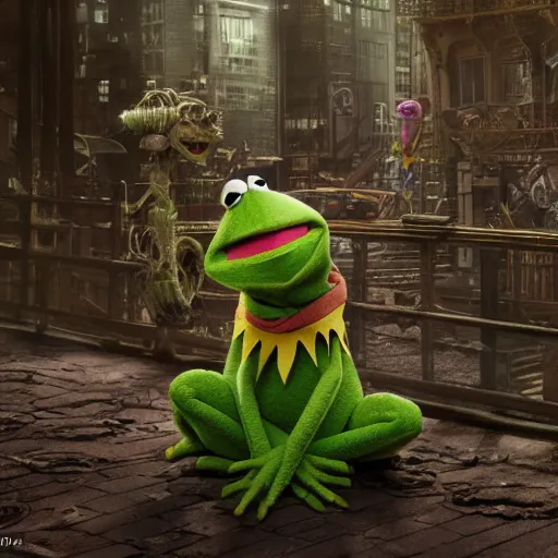 Prompt: Kermit the Frog if he were actually alive by P. Craig Russell and Barry Windsor-Smith, Sesame Street, 8k octane beautifully detailed render, post-processing, extremely hyperdetailed, intricate, epic composition, grim yet sparkling atmosphere, cinematic lighting + masterpiece